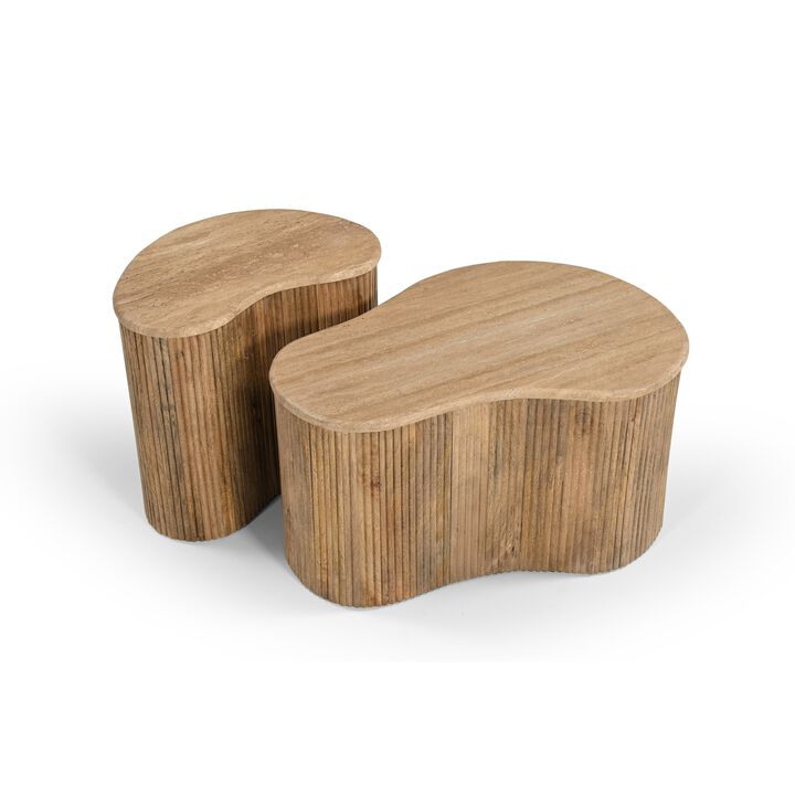 Cid Ata Coffee Table Set of 3, Beige Marble, Artisan Solid Mango Wood