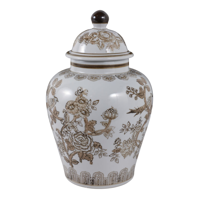 12x7" Chinoiserie Bird & Vines Temple Jar,brwn/wht image number 2