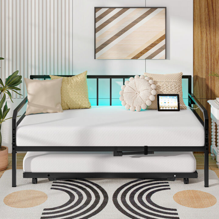 LED Light & USB Charging Adjustable Metal Daybed – Stylish Bedroom Bed