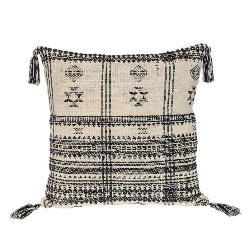 HomeRoots 18" Beige and Black Southwestern Cotton Throw Pillow With Tassels image number 0