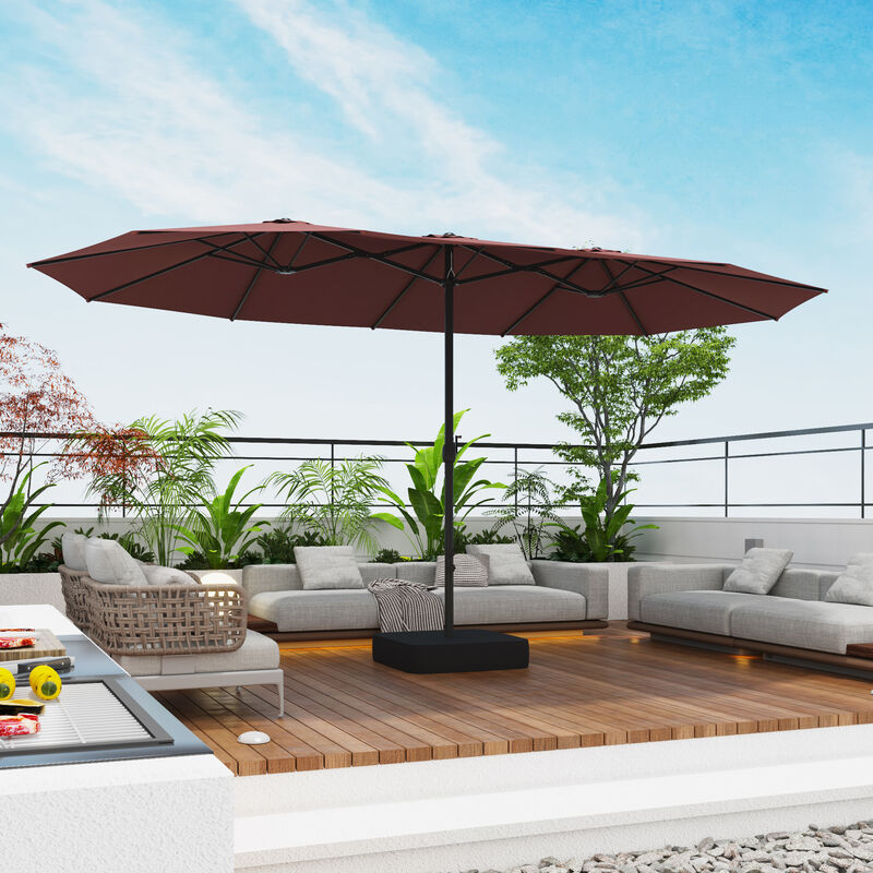 FUFU&GAGA Double-Head Patio Umbrella with Sandbag Base Crank Lift and Polyester Canopy 15ft x 9ft x 8ft Wine Red image number 2