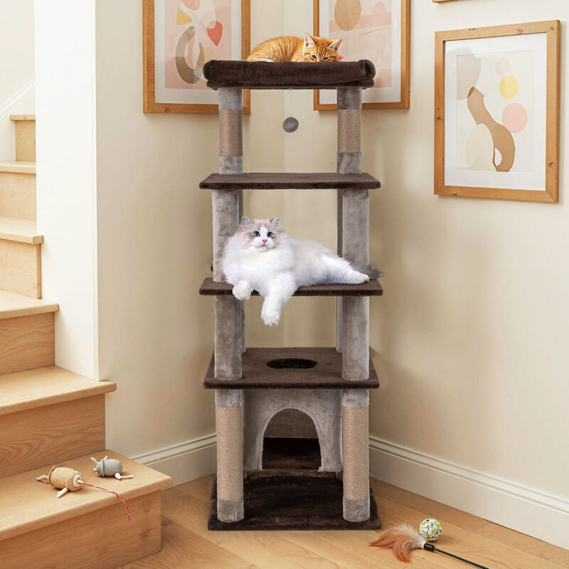 Large Cat Tree Multi-Level with Swaying Condo and Soft Plush Perch Bed-Brown image number 1