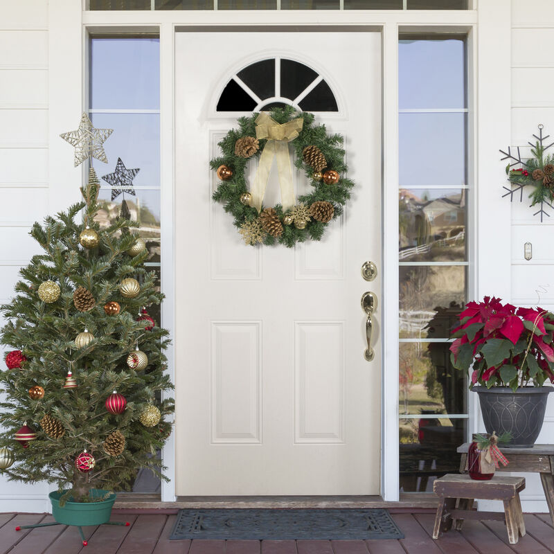 Pre-Decorated Ball Ornaments and Bow Artificial Christmas Wreath  24-Inch  Unlit image number 1