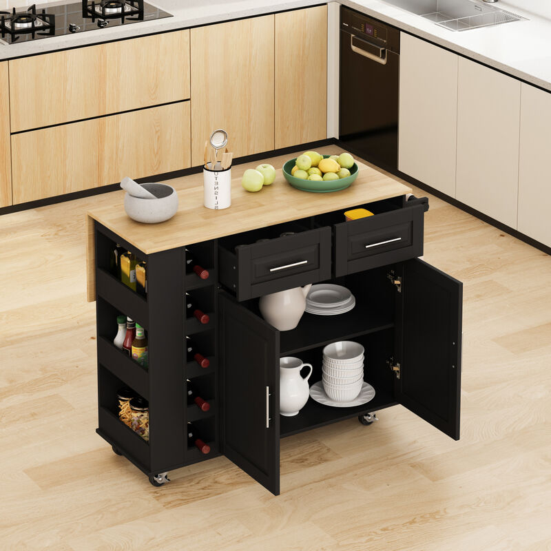 Multi Functional Kitchen Island Cart with 2 Door Cabinet and Two Drawers, Spice Rack, Towel Holder, Wine Rack, and Foldable Rubberwood Table Top (Black)