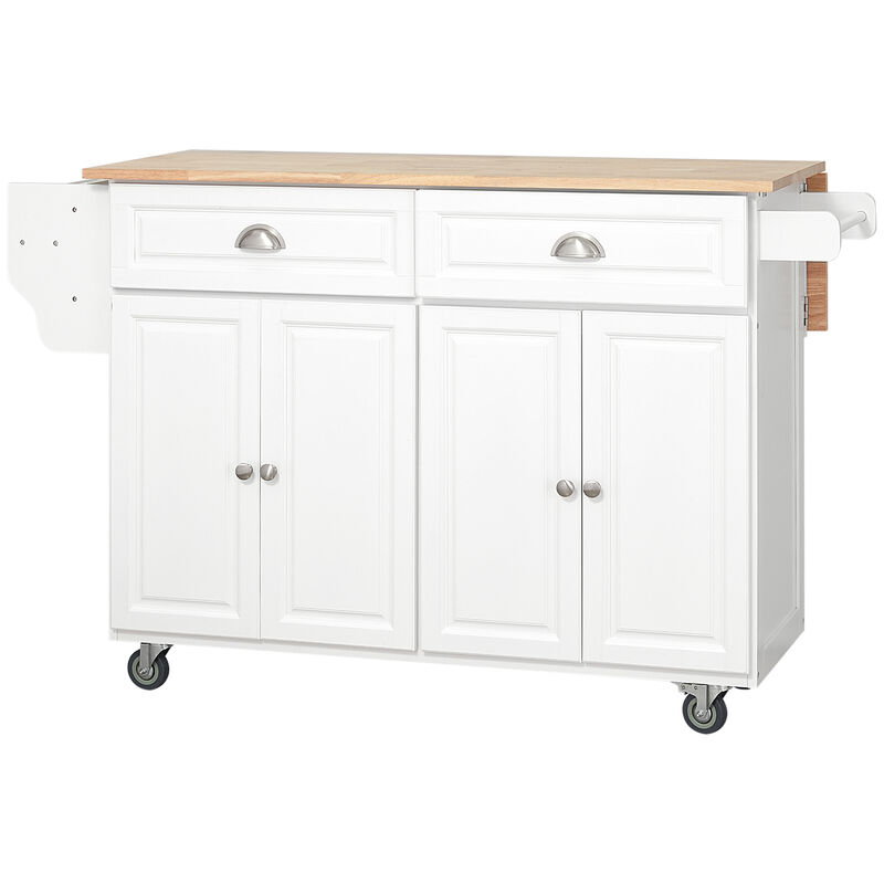 58" Kitchen Island Cart Modern Drop Leaf Storage Trolley Shelf on Wheels, White