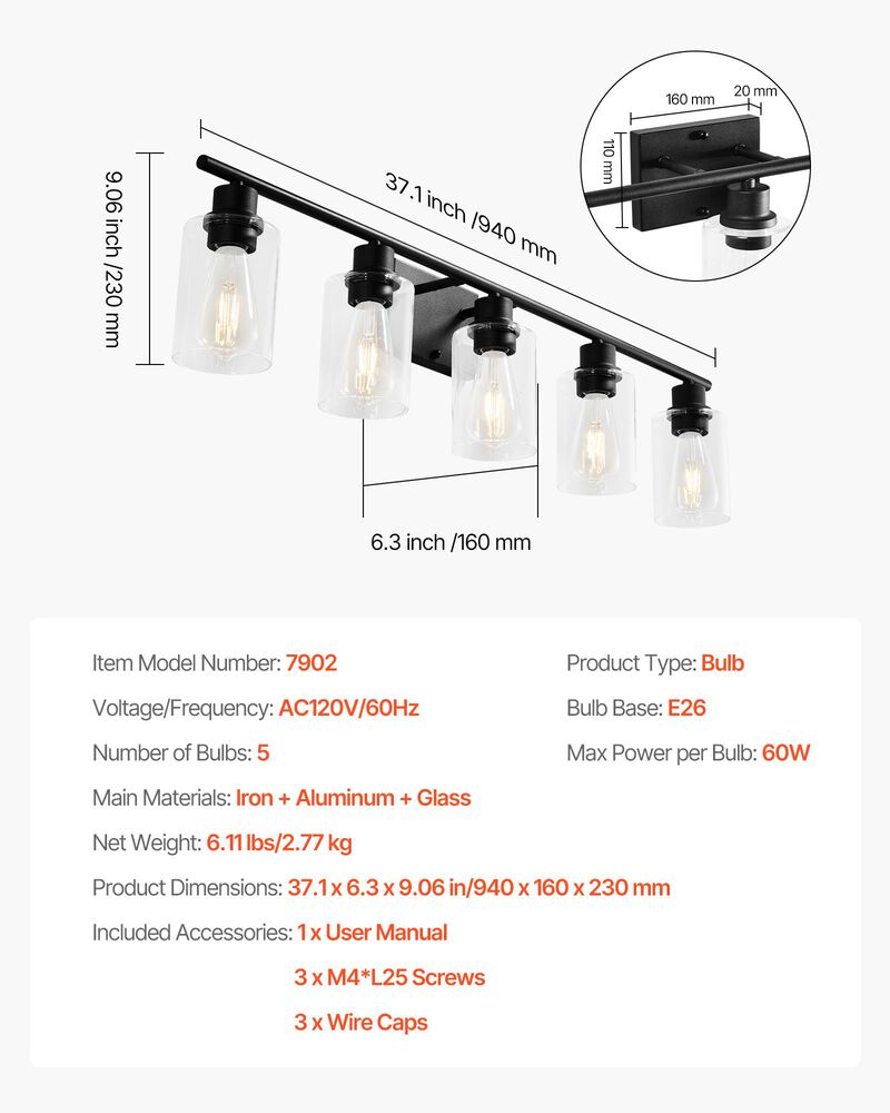 5-Light Bathroom Vanity &ndash; 37.1" Modern Wall Light with Clear Glass Shades image number 8