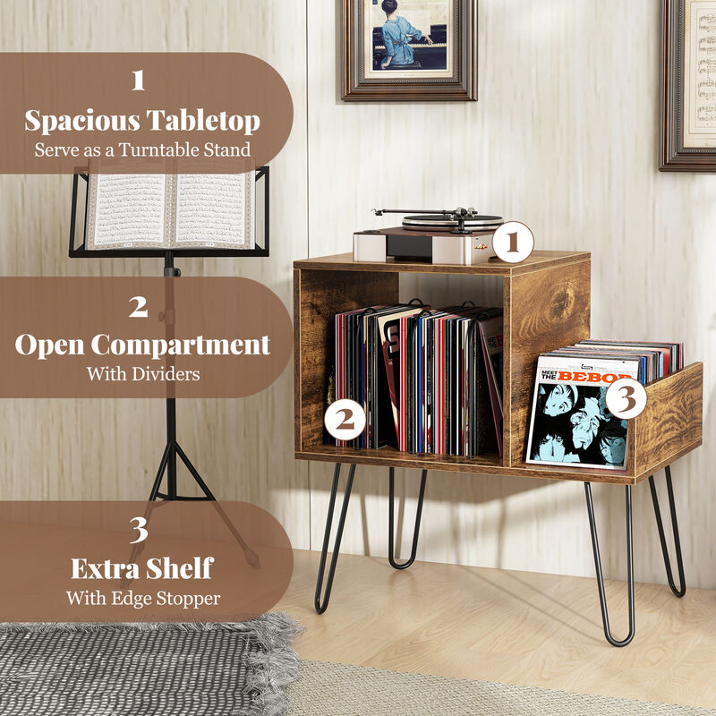 Mid-Century Record Player Stand with Power Outlet and Vinyl Storage Divider