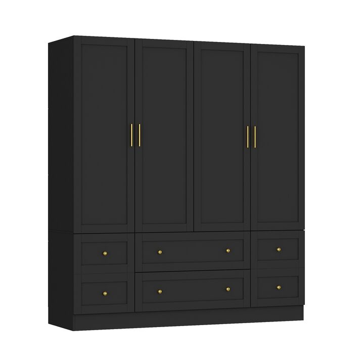 FUFU&GAGA Modern Wardrobe with 4 Doors and 4 Drawers, Golden Handles, (63 in. W x 19.7 in. D x 70.9 in. H), Black