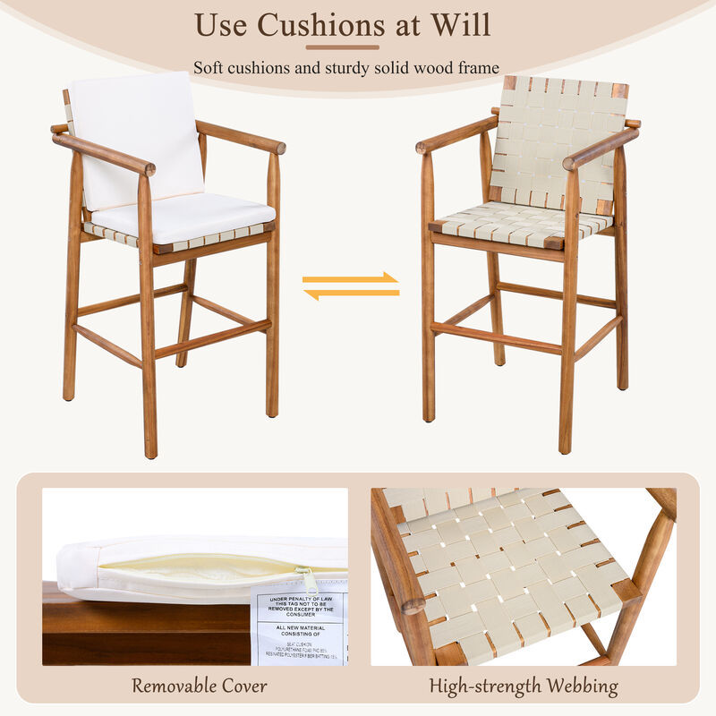 Whisen 3 - Piece Acacia Wood Outdoor Bar Set with Cushions, Patio High - Top Table & 2 Stools for Backyard, Poolside, Balcony image number 4