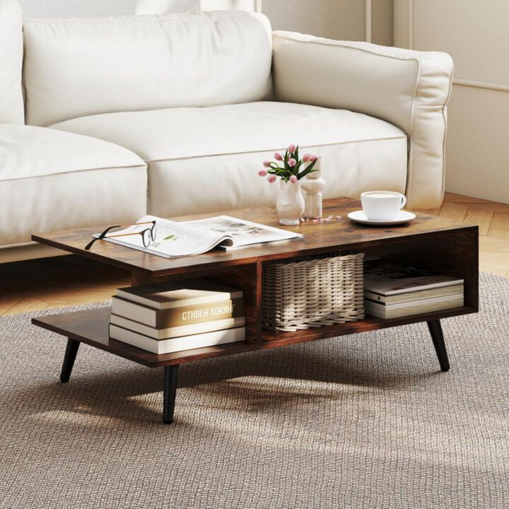 Hivvago Mid Century Modern Rectangle Coffee Table 2-Tier Accent Table with 2 Open Compartments