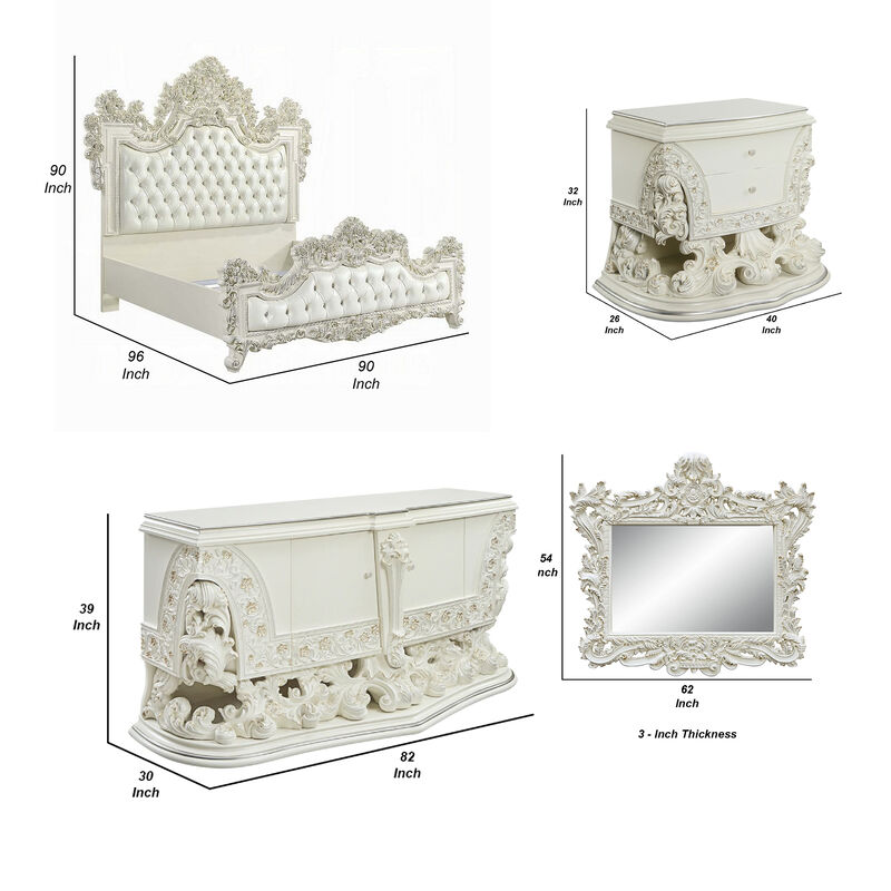Bo Four Piece Full Bedroom Set, Baroque Style, White Faux Leather Uphosltery - Benzara image number 4