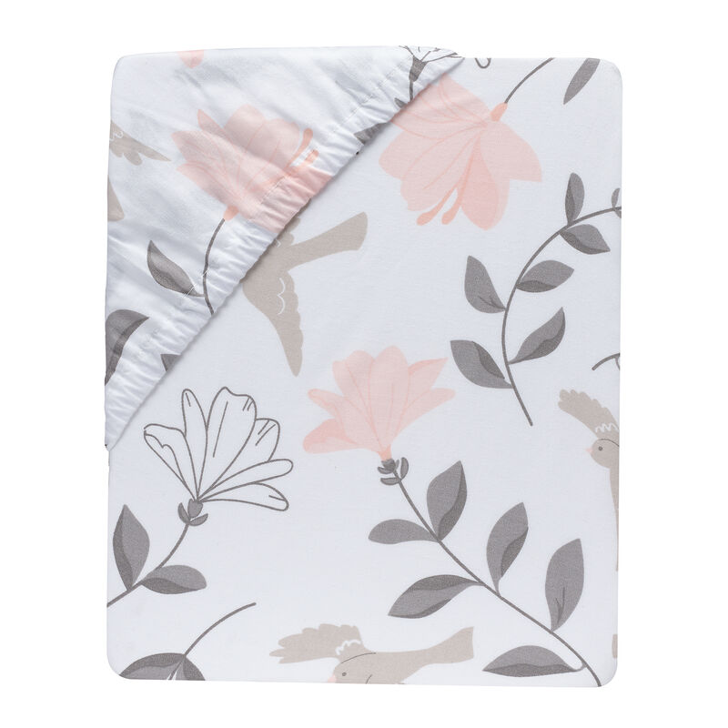 Lambs & Ivy Petals White/Pink/Gray Floral 100% Cotton Fitted Crib/Toddler Sheet
