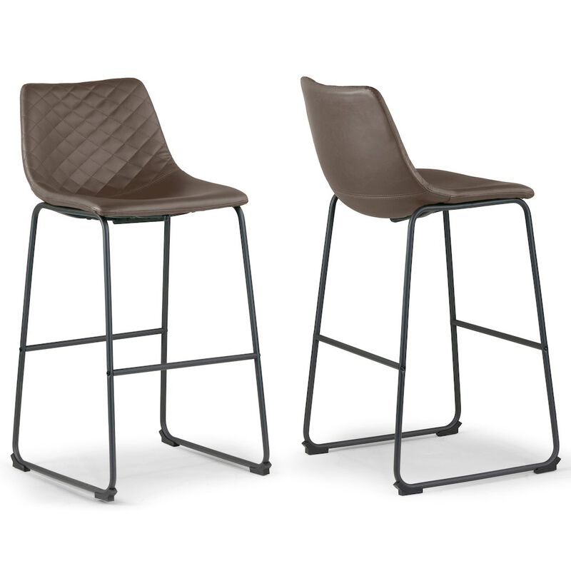 Glamour Home Set of 2 Ave Iron Frame Brown Faux Leather Bar Stool with Stitching