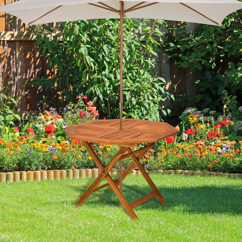 Outsunny 39" Acacia Wood Outdoor Dining Table, Octagon Patio Table with Umbrella Hole, Teak