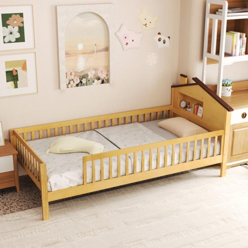 Hivvago Twin Size Kids Montessori Bed with House-Shaped Headboard and Built-in Storage Shelf