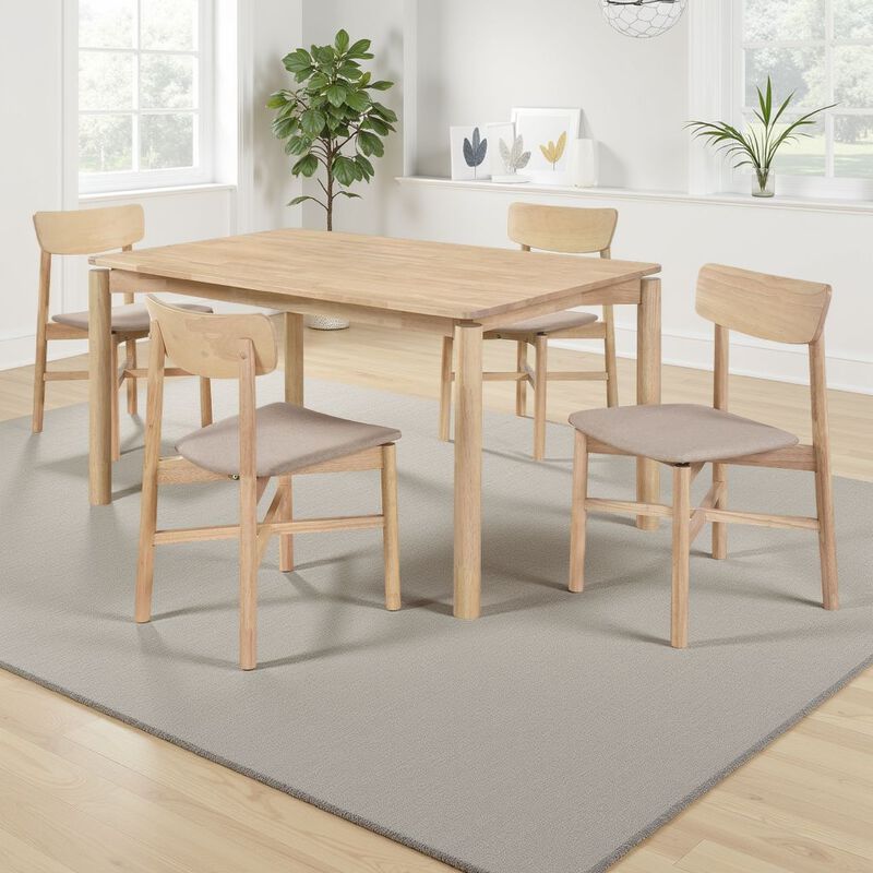Rida 5pc Dining Table Set w 4 Tan Brown Upholstered Chairs, White Washed - Benzara