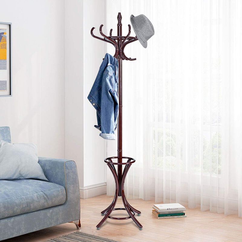 Freestanding Wooden Coat Rack with 12 Hooks and Built-In Umbrella Stand