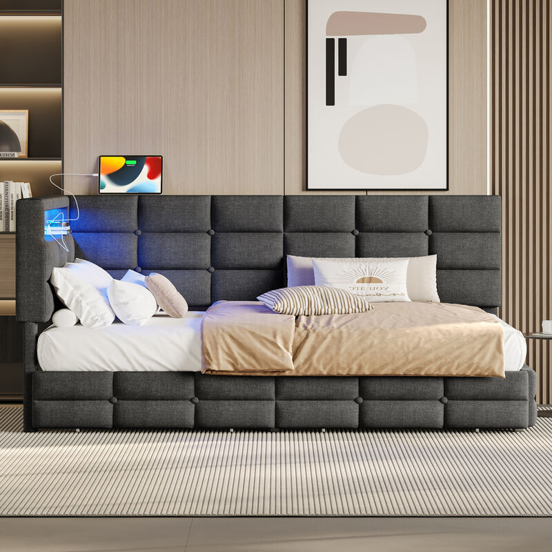 Merax Twin Size Upholstered Daybed with Storage 2 Drawers, Charging Station, LED Lights & Storage Headboard
