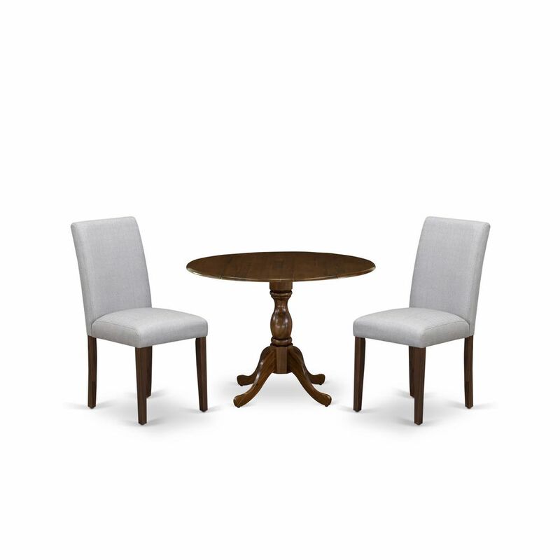 East West Furniture DMAB3-AWA-05 3 Piece Kitchen Table Set Includes 1 Drop Leaves Wood Table and 2 Grey Linen Fabric Parson Dining Room Chairs with High Back - Acacia Walnut Finish