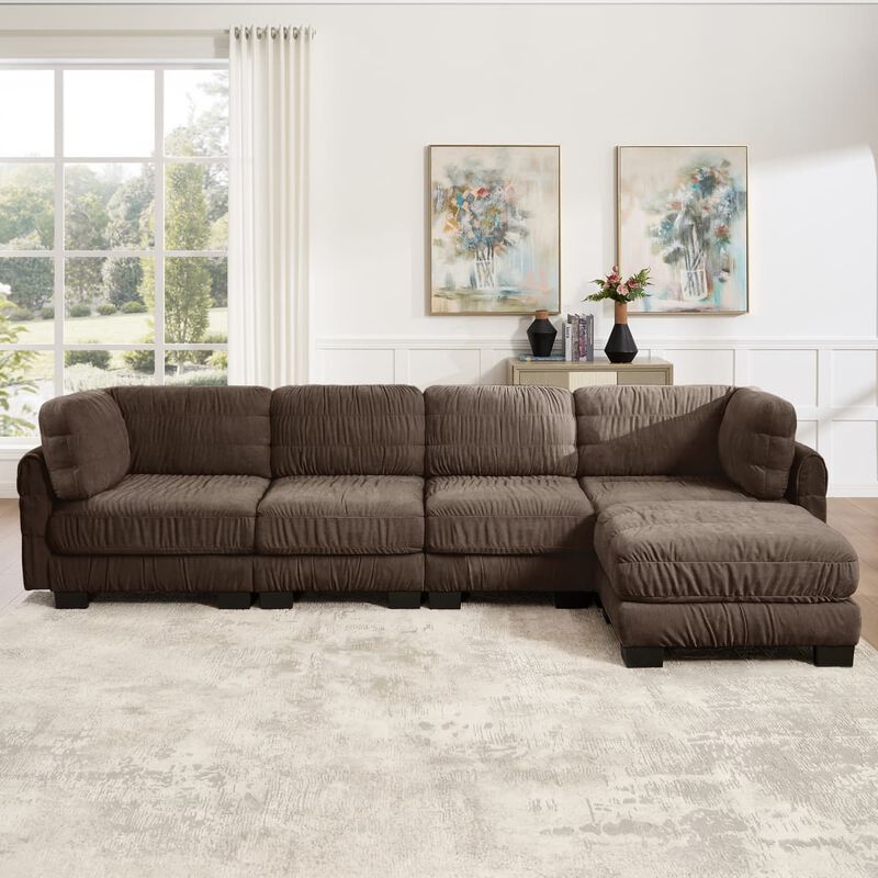 4 seat modular sectional sofa, Chenille L shaped sectional couch with ruched detailing, Modular sectional with movable ottoman image number 1