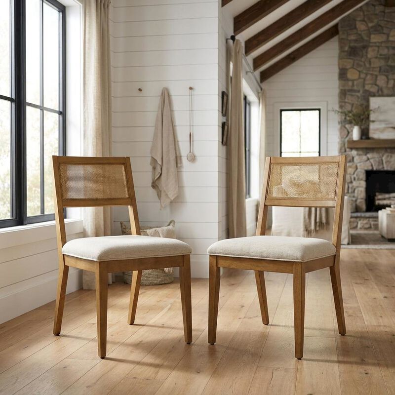 Faux Rattan Fabric Modern Dining Room Chairs, Heathered Weave Ivory, Set of 2 image number 3