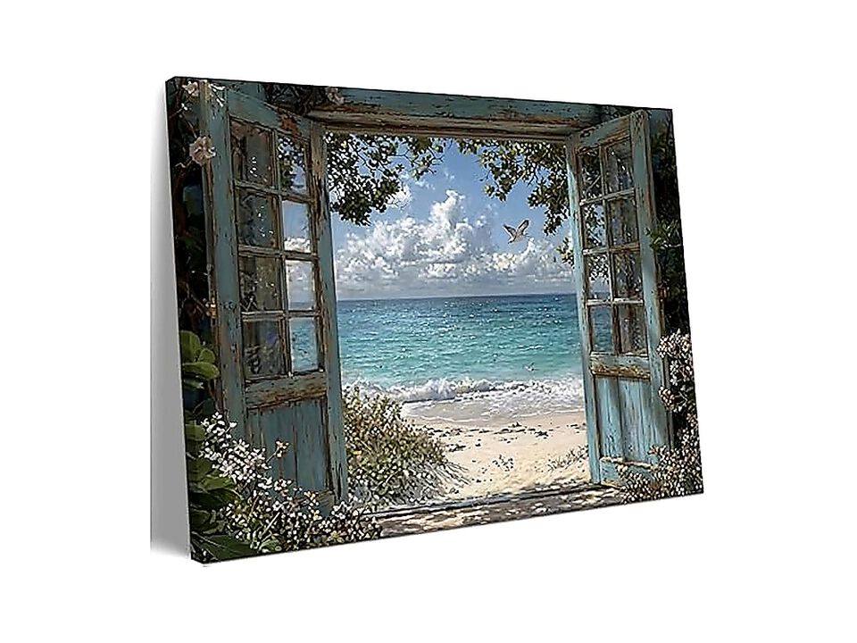 Coastal Beach Window View Wall Art Ocean Seascape Canvas Tropical Seashore Room