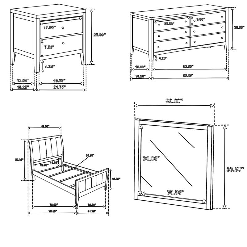 Wily 4pc Twin Size Bedroom Set, Dresser Mirror, Dark Brown Upholstery - Benzara