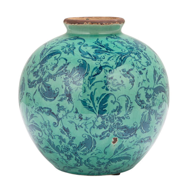 Round Decorative Terracotta Vase with Transferware Pattern, Aqua image number 3