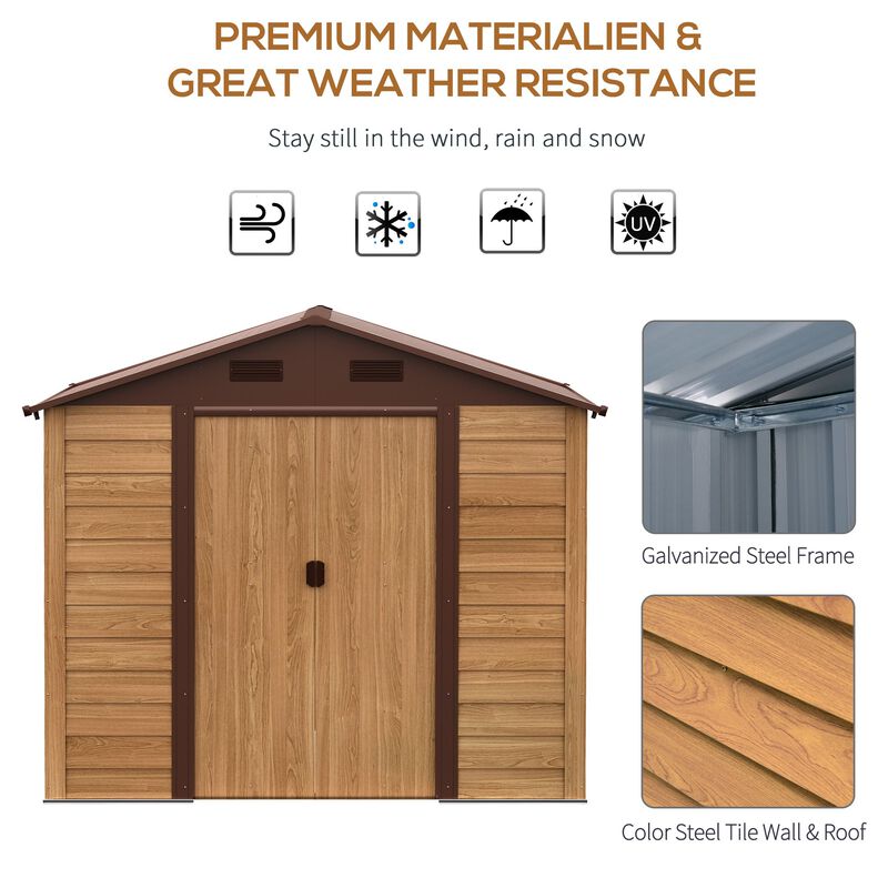 7.7' x 6.4' Metal Outdoor Storage Shed with Double Doors and Four Ventilation for Patio Furniture, Brown
