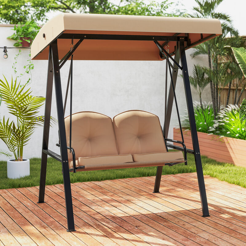 2-Person Outdoor Porch Swing with A-Frame Stand and Adjustable Canopy