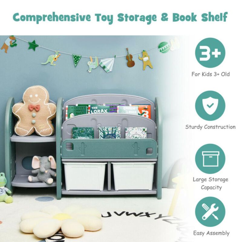 Hivvago Kids Toy Storage Organizer with 2-Tier Bookshelf and Plastic Bins