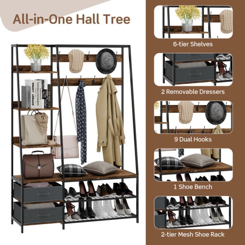 Hivvago 6-in-1 Freestanding Hall Tree Coat Rack with Bench and Fabric Dressers
