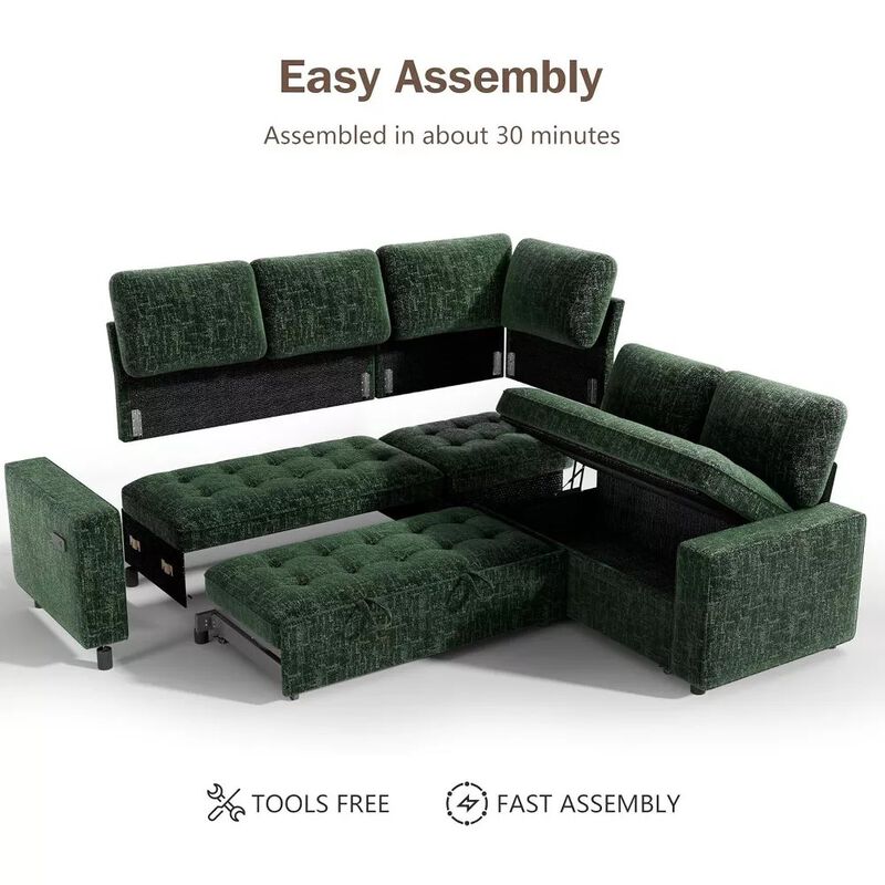 Vipbear 79" 5-Seat L-Shaped Sectional Sleeper Sofa Bed, Chenille Pull-Out Couch with Backrest image number 8