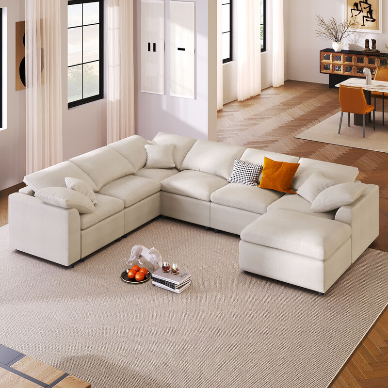 Merax Extra Large 7-Seater Modular Sectional Sofa with L-Shape Design & Movable Ottoman