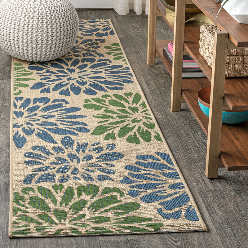 Zinnia Modern Floral Textured Weave Navy/Aqua. Indoor/Outdoor Runner Rug