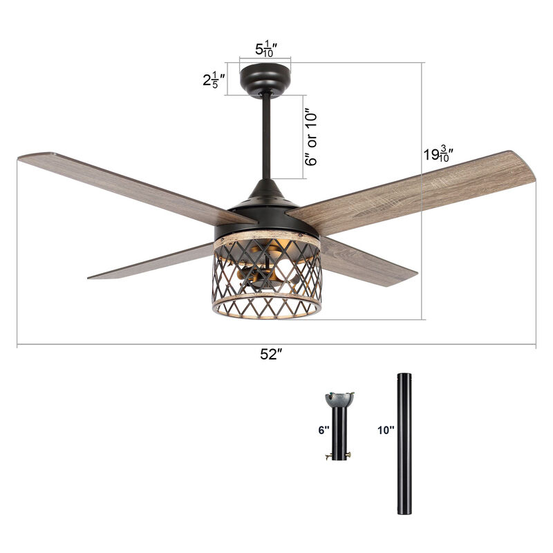 52" Farmhouse 4-Blade Caged Ceiling Fan with Remote Control