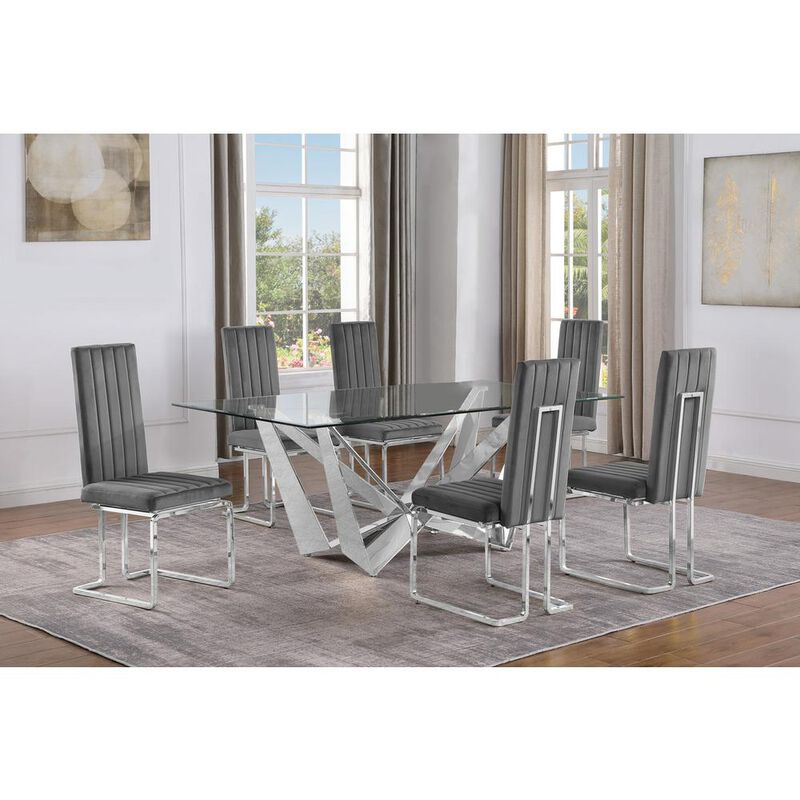 7pc Small(78") glass dining set with silver base and 6 Dark grey side chairs