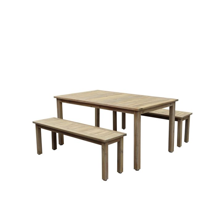 Felix 3 Piece Modern Dining Set, Natural Brown Acacia Wood Frame, 6 Seater-Benzara