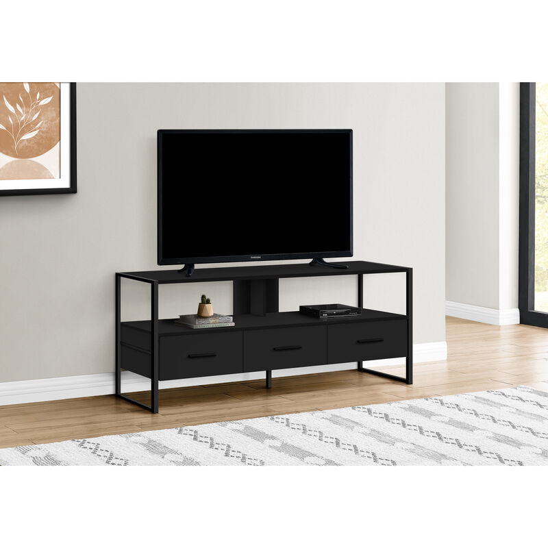 Monarch Specialties I 2616 Tv Stand, 48 Inch, Console, Media Entertainment Center, Storage Drawers, Living Room, Bedroom, Laminate, Metal, Black, Contemporary, Modern