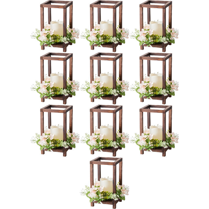 10 Set Wooden Wedding Lantern Centerpieces with Flameless LED Candles and Champagne Flower Wreaths