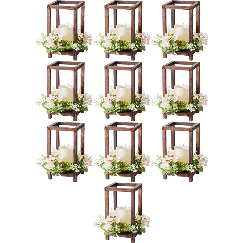 10 Set Wooden Wedding Lantern Centerpieces with Flameless LED Candles and Champagne Flower Wreaths image number 0