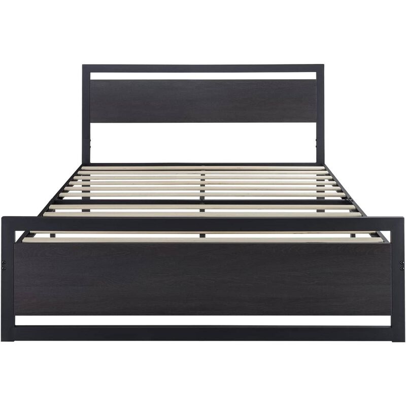 QuikFurn Full Black Metal Platform Bed Frame with Wood Panel Headboard and Footboard