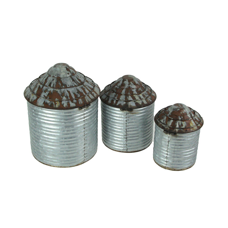 Vintage Farmhouse Style Galvanized Zinc Finish Tin Silo Canister Set of 3 image number 2