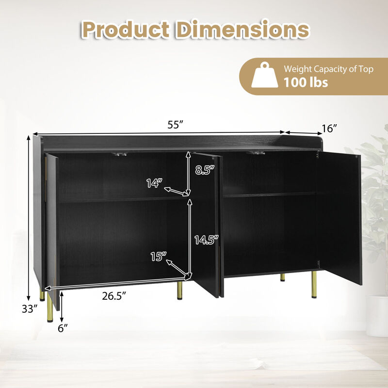 Modern 55 Inch Credenza Buffet Cabinet with 4 Doors Metal Legs Storage image number 2
