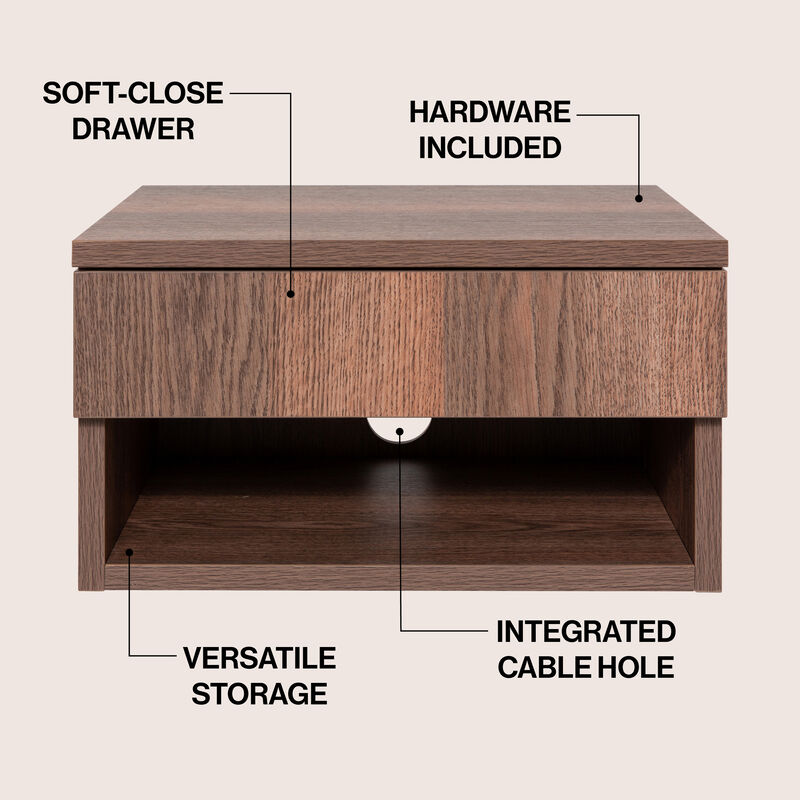 Ettore Mid-Century Modern Floating Wall Mounted Nightstand with Soft-Close Drawer and Cable Hole (Set of 2) image number 2