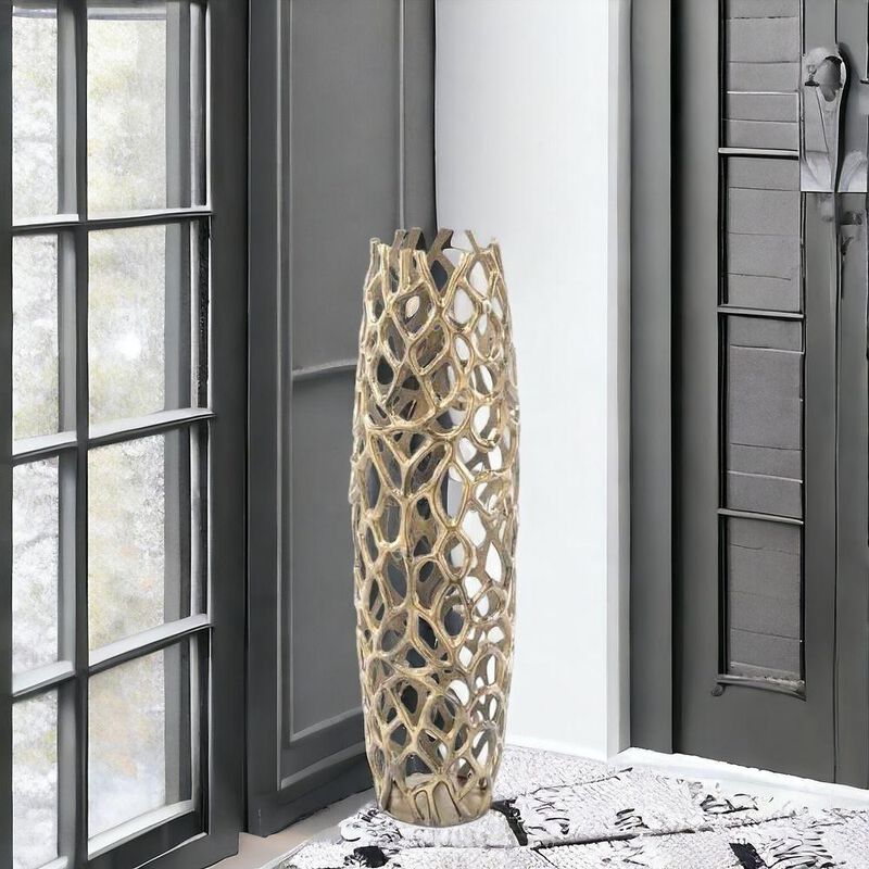 Hivvago 32 Inch Aluminum Gold Twigs Cylinder Floor Vase