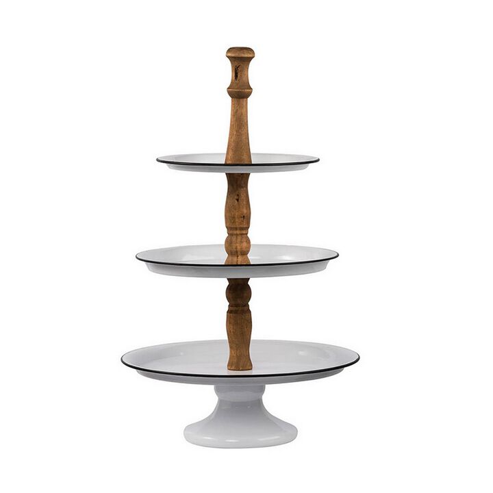 Mlyn 24 Inch 3 Tier Serving Tray, Round Metal Base, White Brown, and Black - Benzara