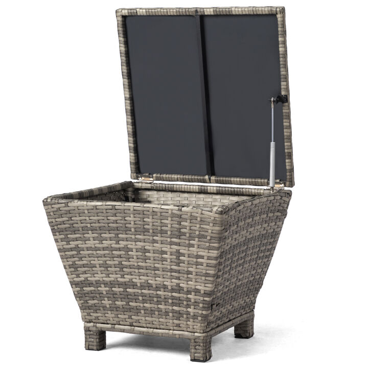 Outdoor PE Wicker Side Table with Storage, Small Patio Storage Bin for Hose, Cushions, or Towels