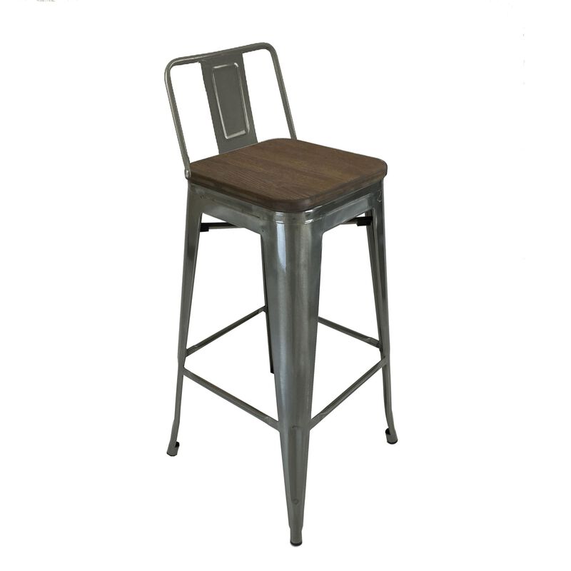 Trace 30 Inch Barstool Chair, Set of 4, Low Back, Wood Seat, Light Gray Metal - Benzara