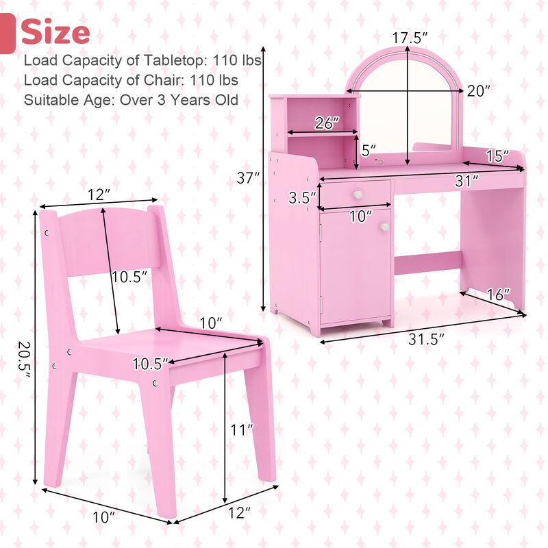 Kids Vanity Table and Chair Set with Shelves Drawer and Cabinet-Pink
